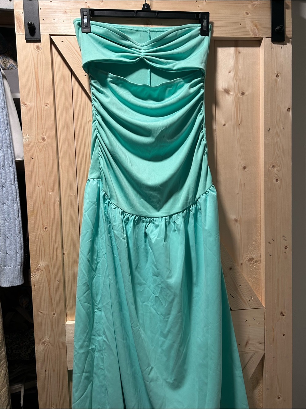 Strapless Ruched Bodice Maxi Dress in Aqua